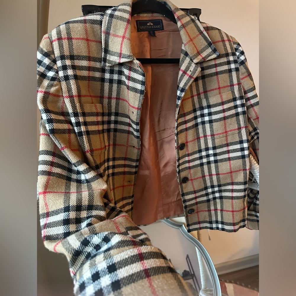 British Khaki Beige Plaid Blazer with Black and Red Check